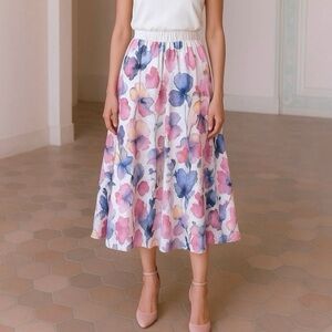 Luca Vanucci 100% Linen Stretch Waist Watercolor Pastel Floral Midi Skirt Size M